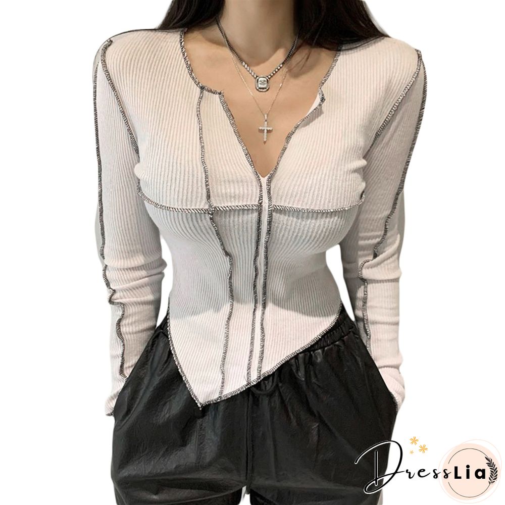 Creative Surface Thread Splicing Crop Tops Long Sleeve Cut V-Neck Slim Wild Chic Casual Irregular Hem T-shirt Slim Base Shirt
