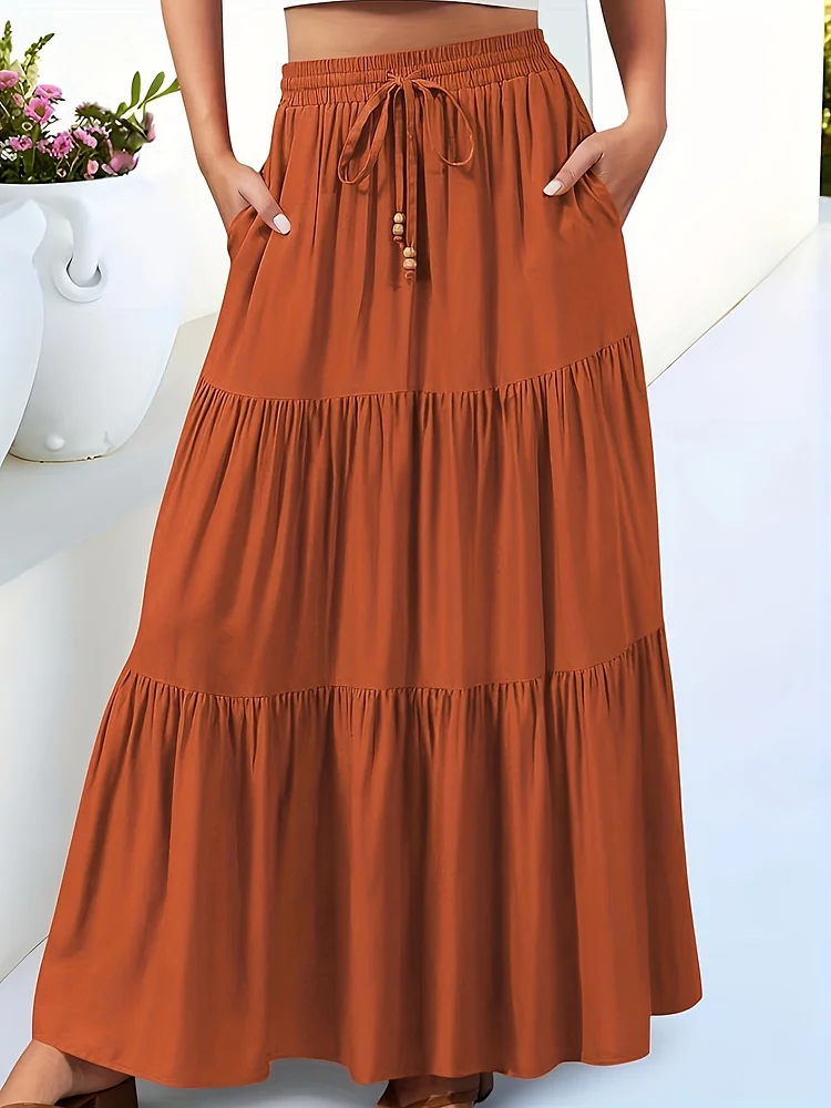 Women's Bohemian Style High-Waisted, Drawstring, Long-Sleeve Maxi Skirt With Pockets - Olive Green, Summer Vacation Wear, Casual Beach Skirt | Bohemian Style | Drawstring Detail