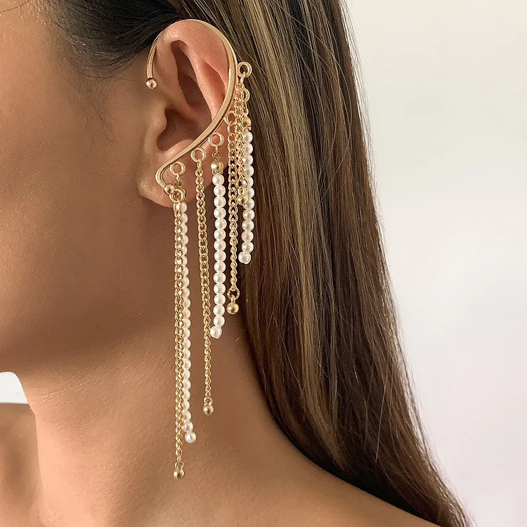 Pearl Chain Tassel Earrings Without Piercing