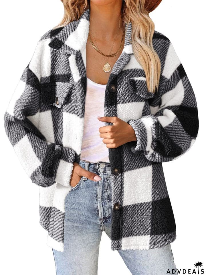 Female Casual Thermal Lapel Button Plaid Cashmere Coat