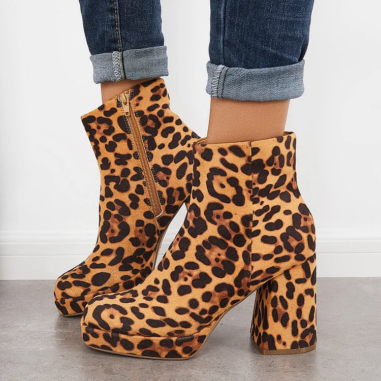 Square Toe Thick Chunky Heel Ankle Boots Platform Heel Booties