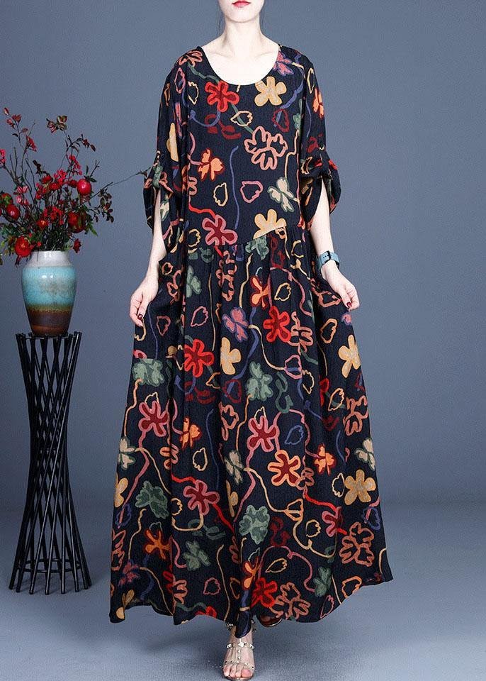 Stylish Black Print O-Neck Asymmetrical Design Summer Chiffon Cute Ankle Dress