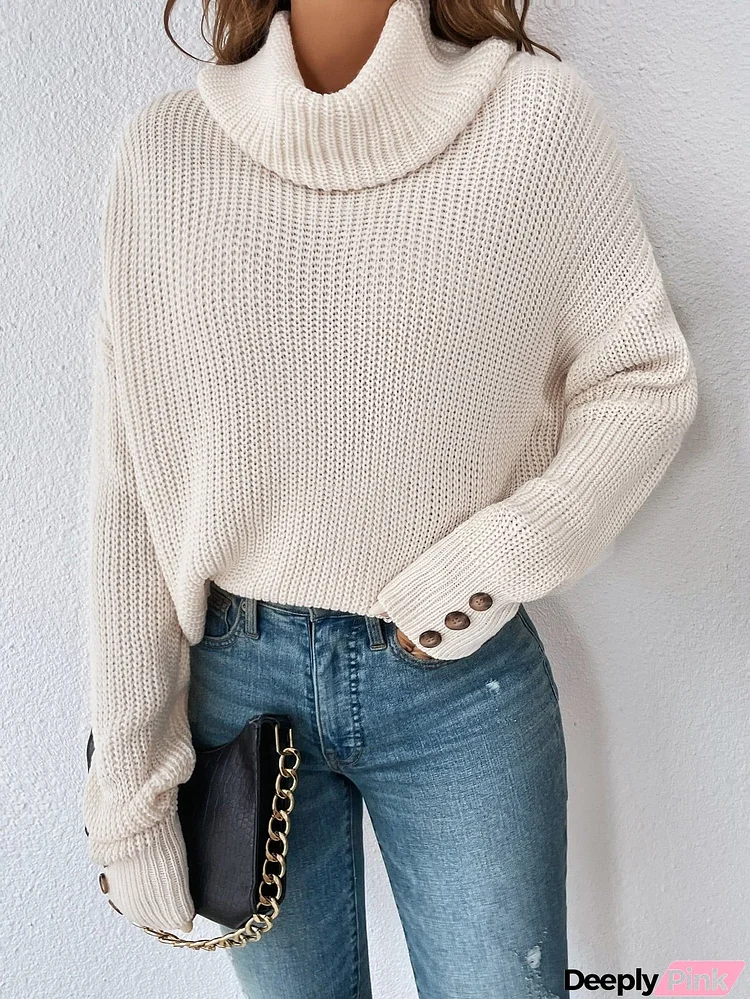 Decorative Button Turtleneck Dropped Shoulder Sweater