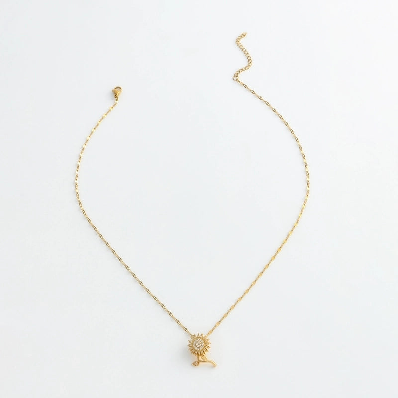 304 Stainless Steel Copper 18K Gold Plated Inlay Sunflower Zircon Pendant Necklace
