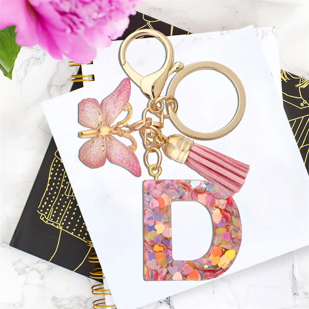 Resin Initial Letter Keychains Alphabet Letter Keychain Pink Tassel Butterfly Key Ring
