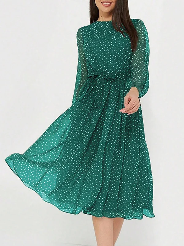 Tied Waist Polka-Dot Loose Long Sleeves Round-Neck Midi Dresses