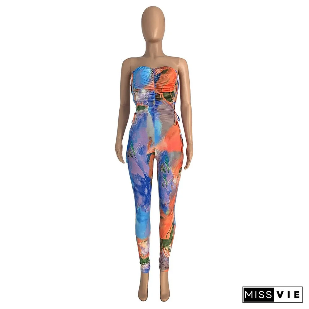 Sexy Strapless Print Lace-up Jumpsuit