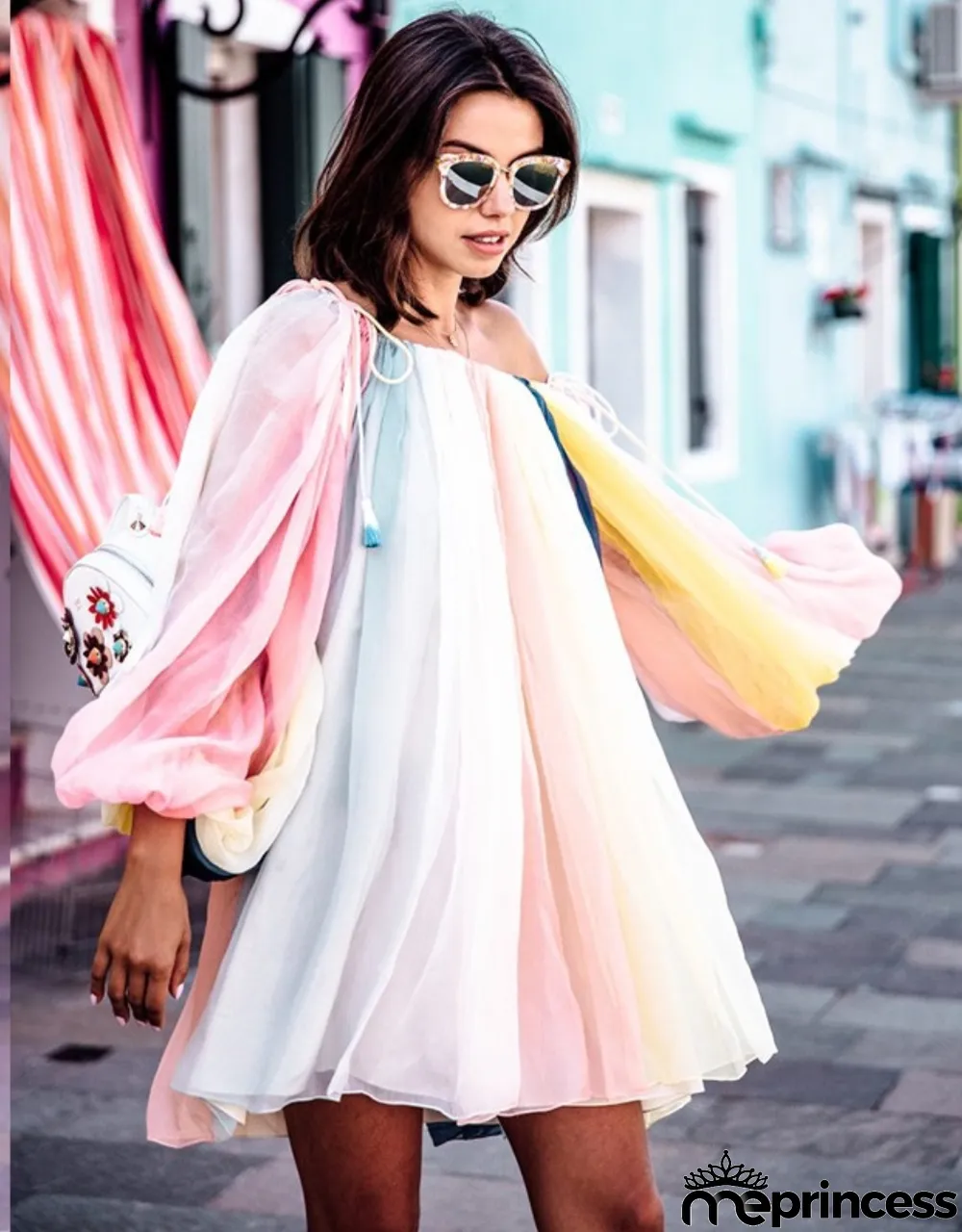 Summer Off the Shoulder Colorful Tutu Dress with Pop Sleeves