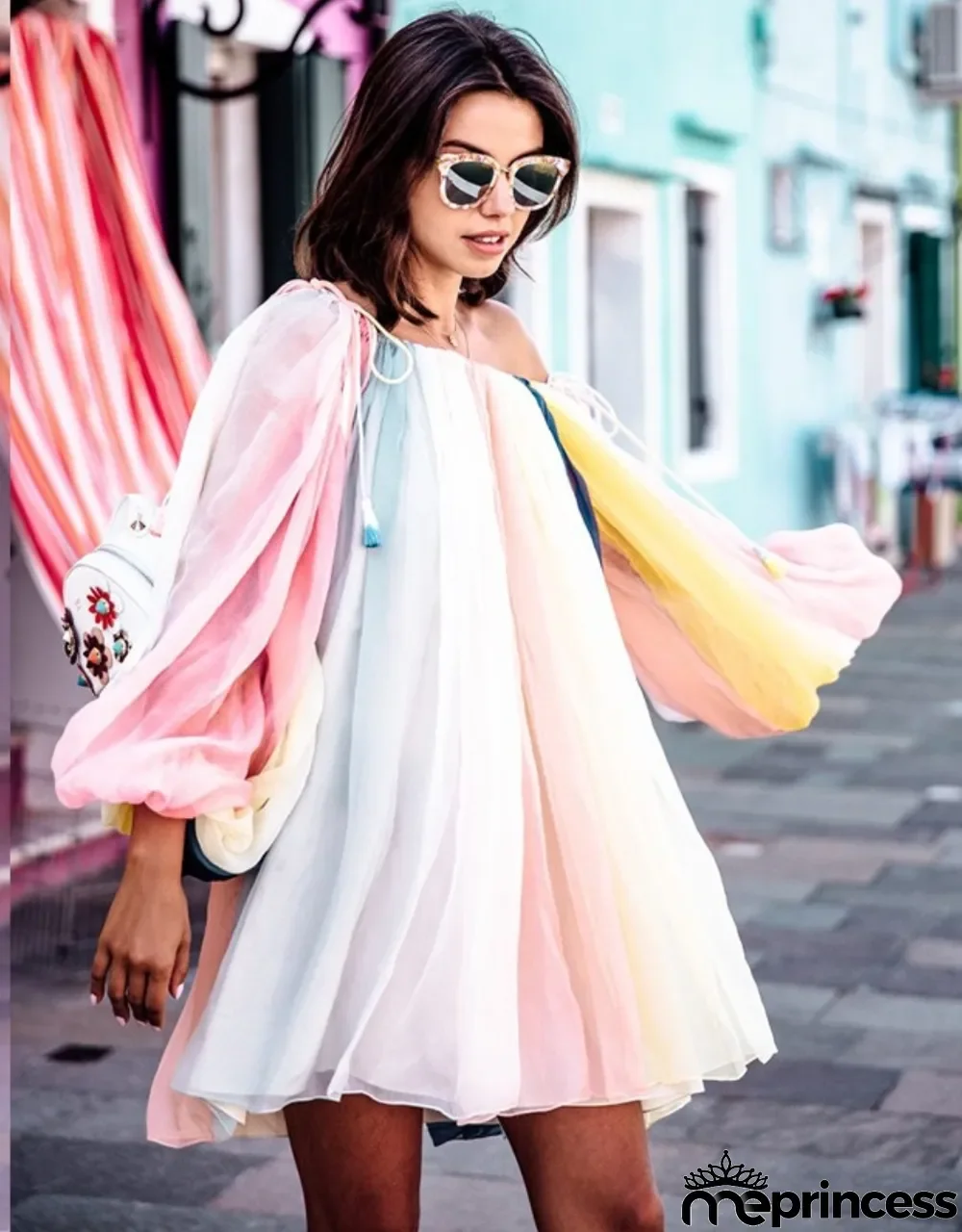 Summer Off the Shoulder Colorful Tutu Dress with Pop Sleeves