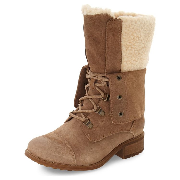 Light Brown Winter Boots Fold-Over Round Toe Lace up Vintage Boots |FSJ Shoes