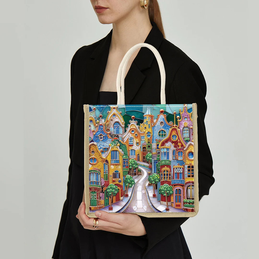 Fairy Tale Town DIY Diamond Painting Tote Bag for Adults Women Diamond Painting Kit Handbag for Casual Shopping Travel Daily Use Gift