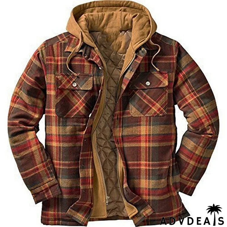 Men Autumn And Winter Thickened Plaid Print Loose Hooded Jacket