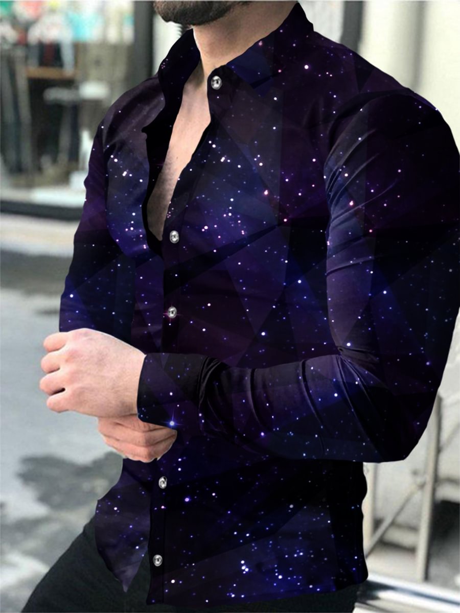 Men's Abstract Starry Sky Geometric Print Long Sleeve Printed Shirt