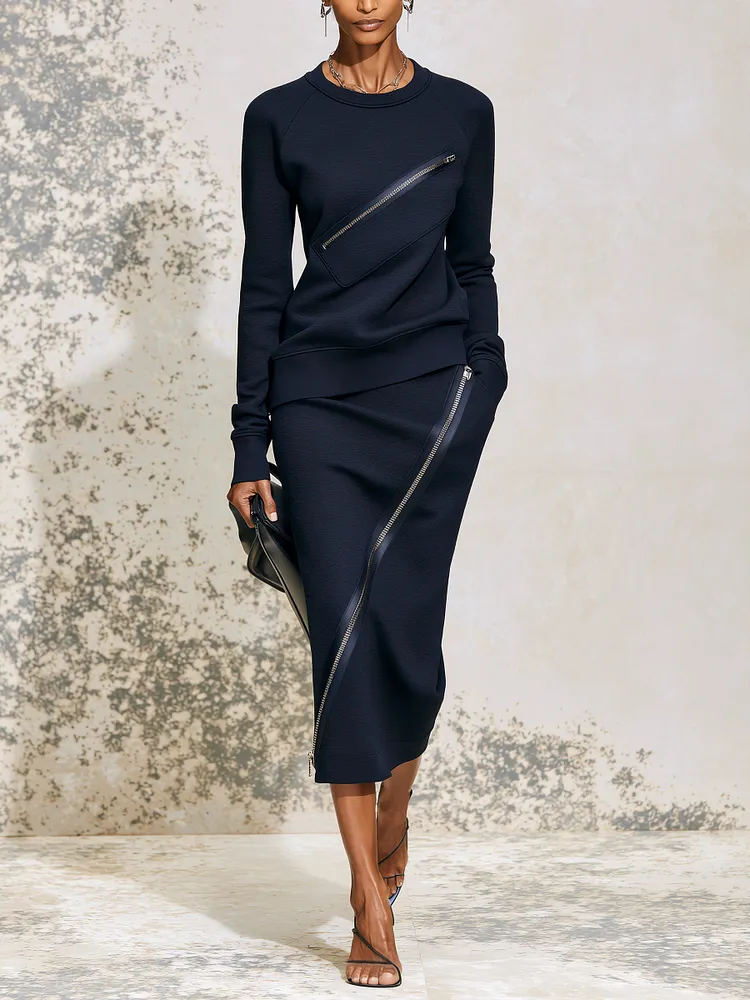 Minimalist Navy Zip Detail Two-Piece Set &ndash; Long Sleeve Top & Midi Skirt Elegant Co-Ord Outfit