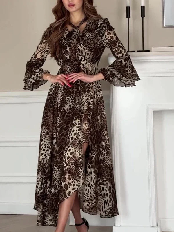 Style & Comfort for Mature Women Women's Long Sleeve V-neck Leopard Maxi Dress