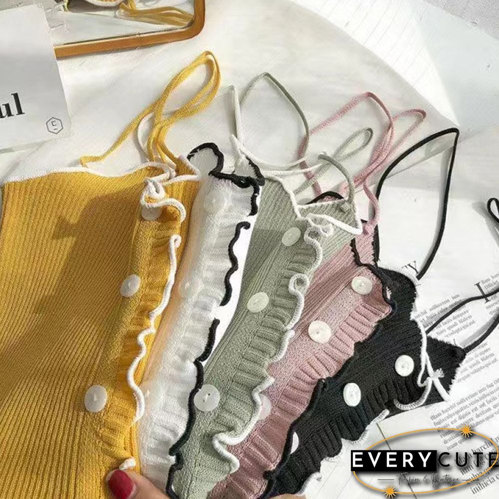 Pearl Diary Women Spaghetti Strap Knitted Tops Summer Ruffle Camis Top With Front Buttons Solid Color Basic Knitted Cute Tops
