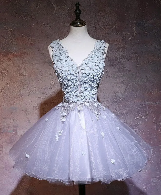 Gray V Neck Applique Short Prom Dress, Homecoming Dress