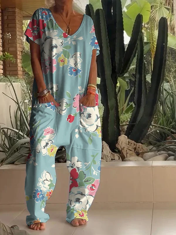 Casual Floral Print V-neck Jumpsuit