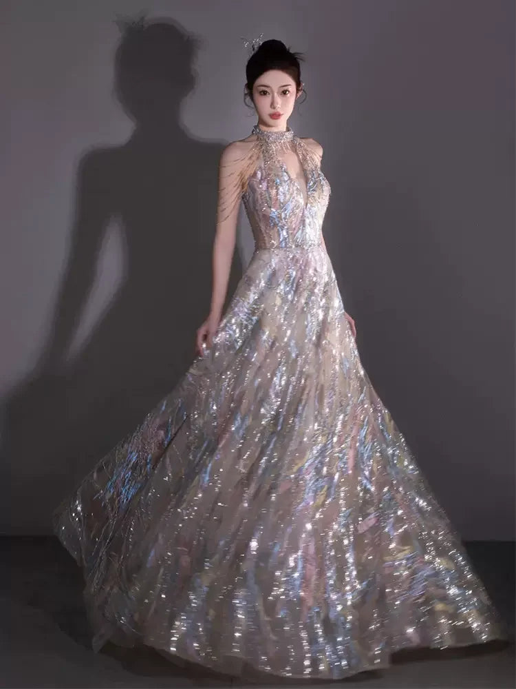 Aiertu Shining Evening Dresses 2024 Halter Floor Length Long Prom Dresses Shining Sequins Beads Aiertu