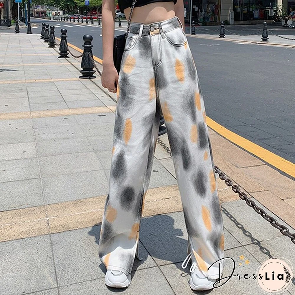 Autumn Split Fork Denim Jeans Women Tie Dye Loose Casual White Pants High Waisted Jeans Korean Fashion Street Wear New