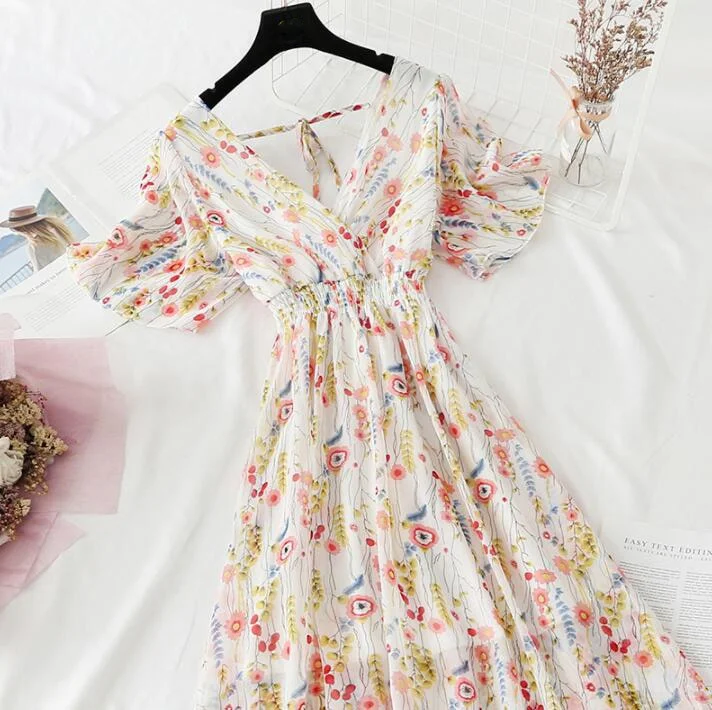 Summer Dress Vintage Floral Ruffles Women Print Short sleeve Chiffon Boho Dresses Mid-calf A-line Backless Sexy Dress Vestidos
