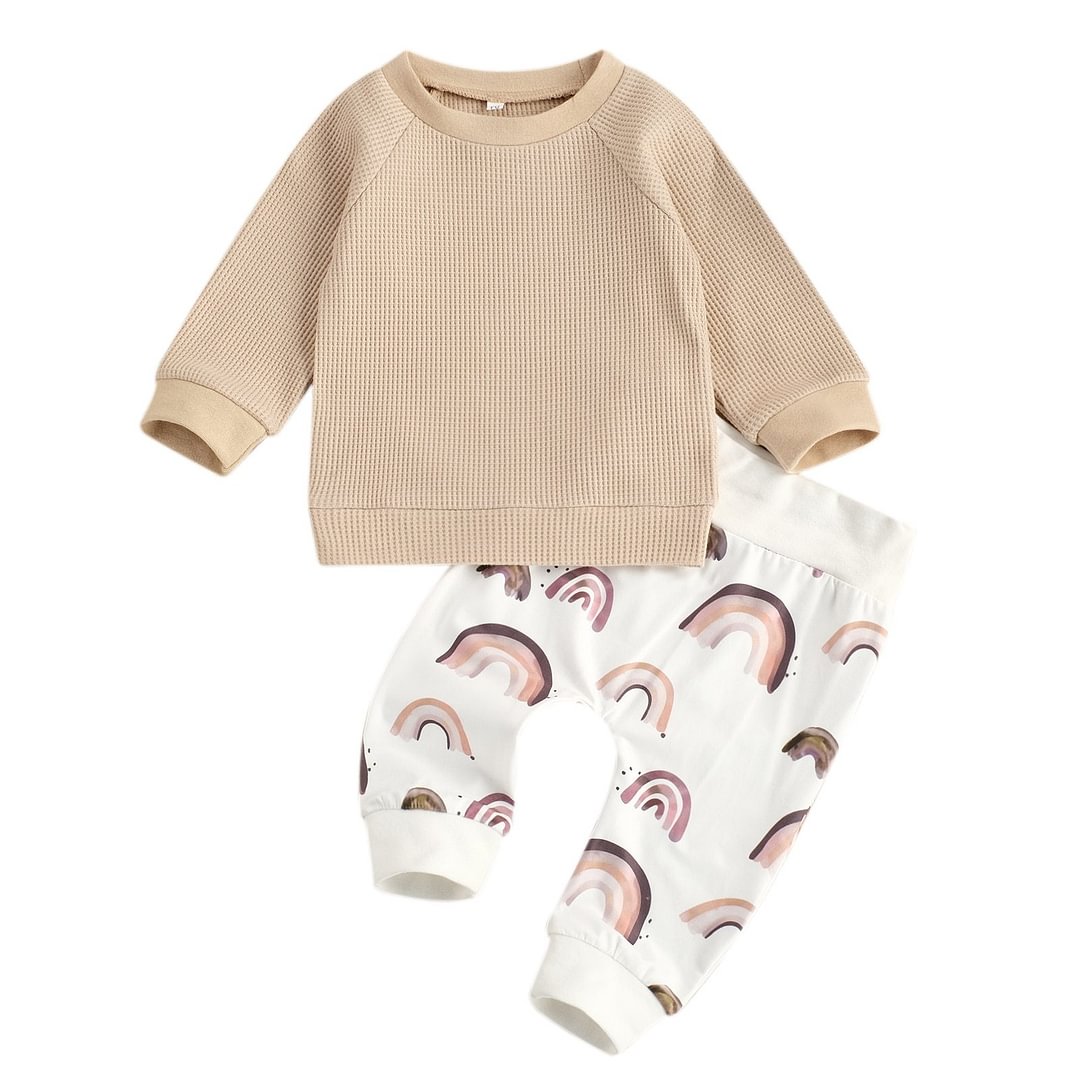 Newborn Baby Girls 2-piece Outfit Set Long Sleeve Waffle Hoodie Top+Rainbow Print Pants Set for Kids Boys Spring Autumn