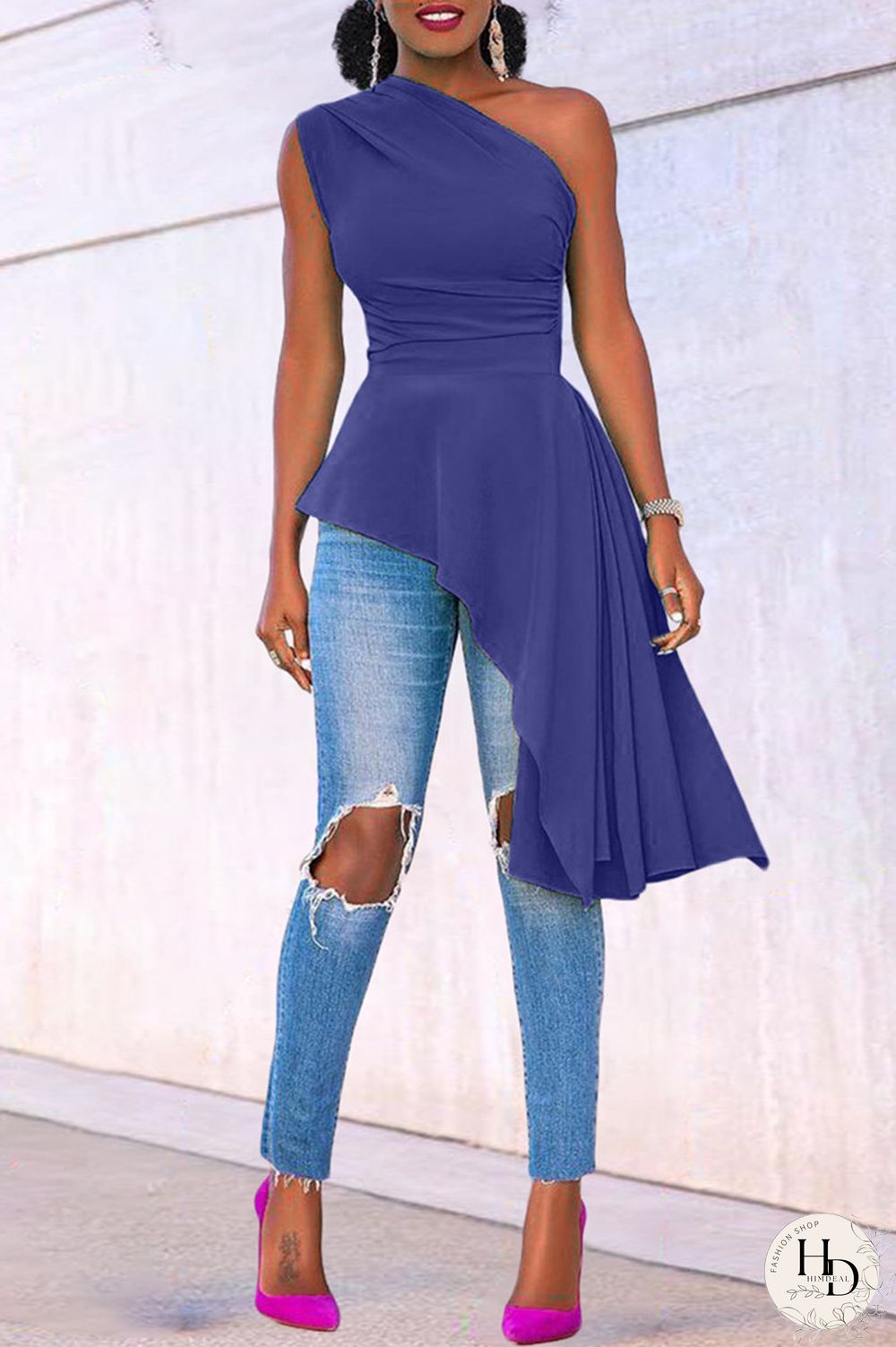 Blue Fashion Casual Solid Asymmetrical Oblique Collar Tops