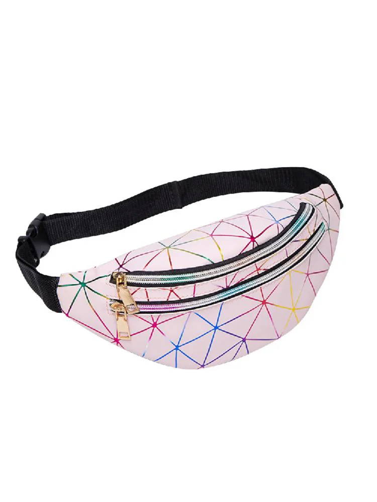 Women Laser Waist Messenger Bag PU Geometric Travel Chest Purse (Pink)