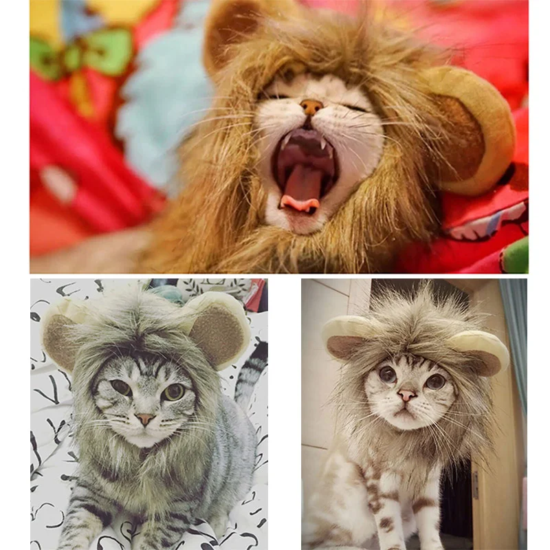 Cat Costume Lion Mane Wig Halloween Dress Up Headwear with Ears Photo Prop Fancy Costume Furry Pet Hat For Cat & Small Dogs