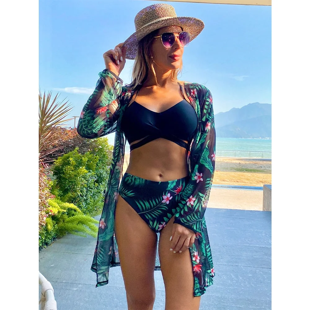 2022 Sexy Bikinis And Cover Set Women Swimsuit Printed Swimwear High Waist Summer Strappy Bathing Suit Beach Wear Biquini Female