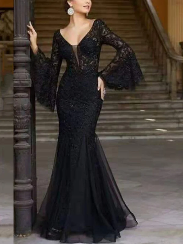 Elegant Lace-up Embroidered Bell Sleeve V Neck Mermaid Maxi Dress