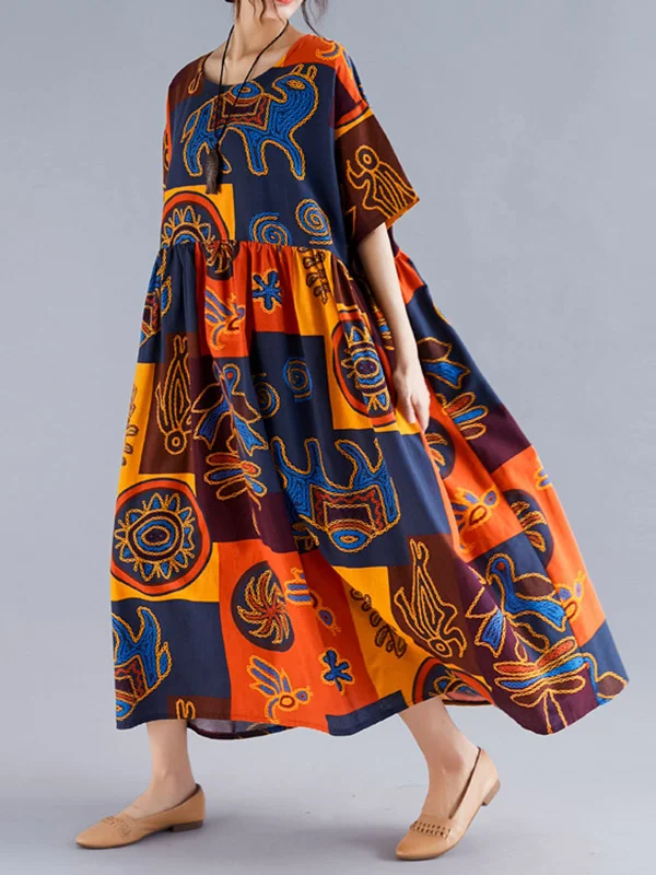 Original Printing Split-Joint Round-Neck Midi Dress