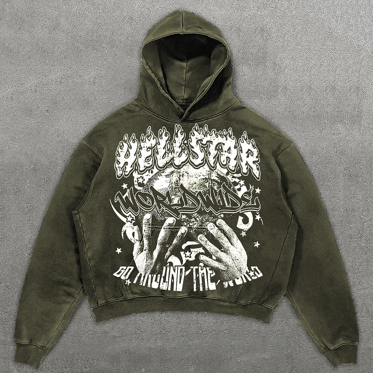 Vintage Hellstar Worldwide Casual Graphic Acid Washed Oversized Hoodie
