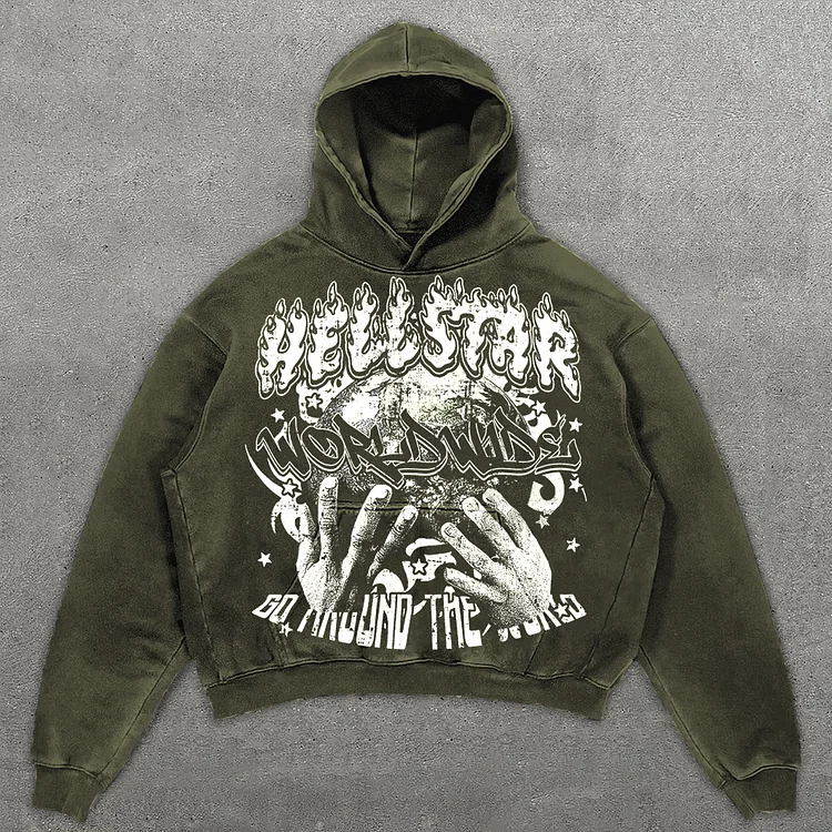 Sopula Vintage Hellstar Worldwide Casual Graphic Acid Washed Oversized Hoodie