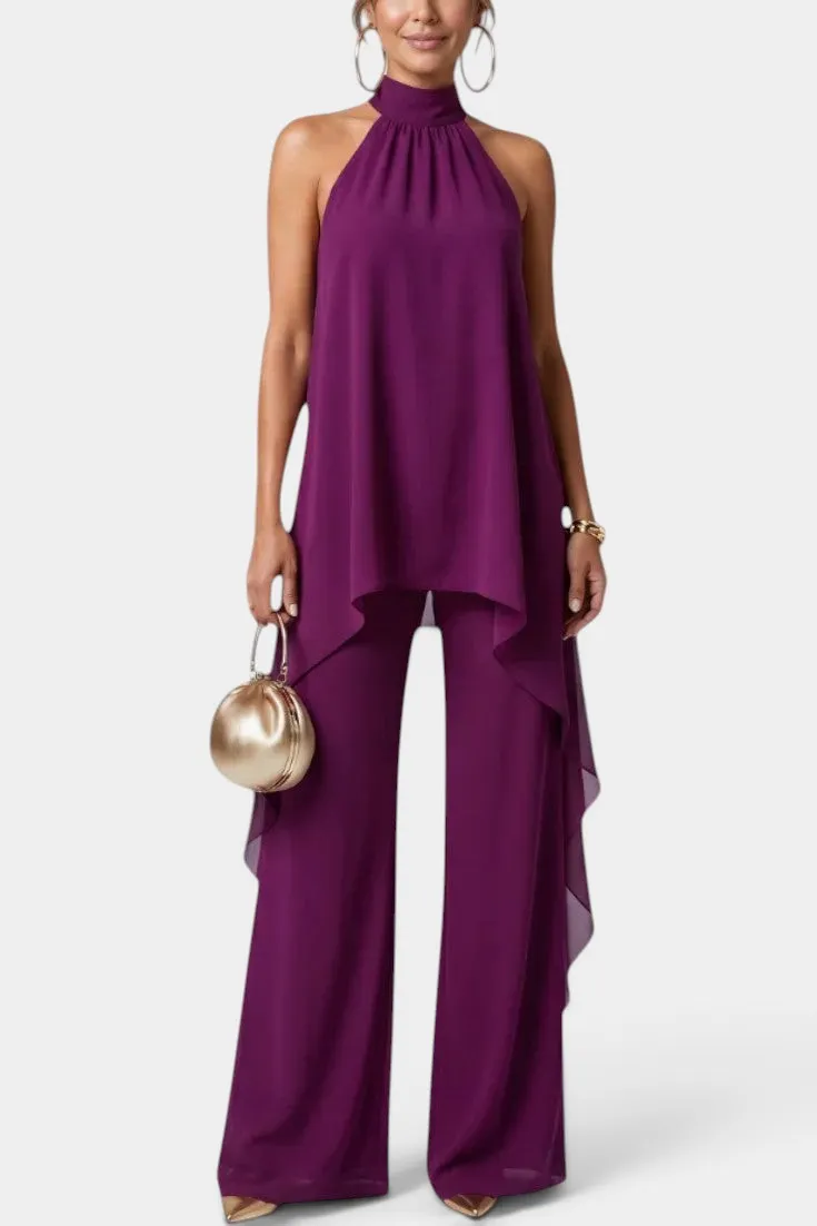 Asymmetric Halter Top with Flowing Wide-Leg Trousers