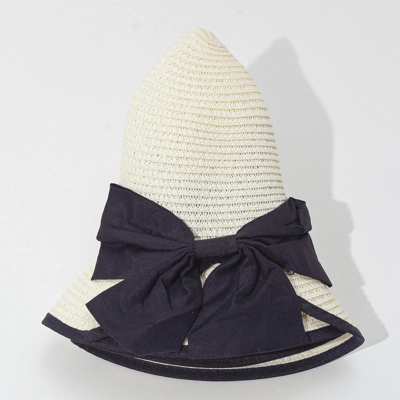 Women’s Casual Vacation Beach Color Block Bowknot Big Eaves Straw Hat