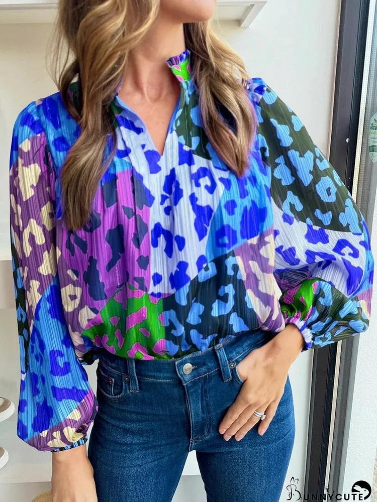 Leopard Print Pleated Blouse in Sky Blue