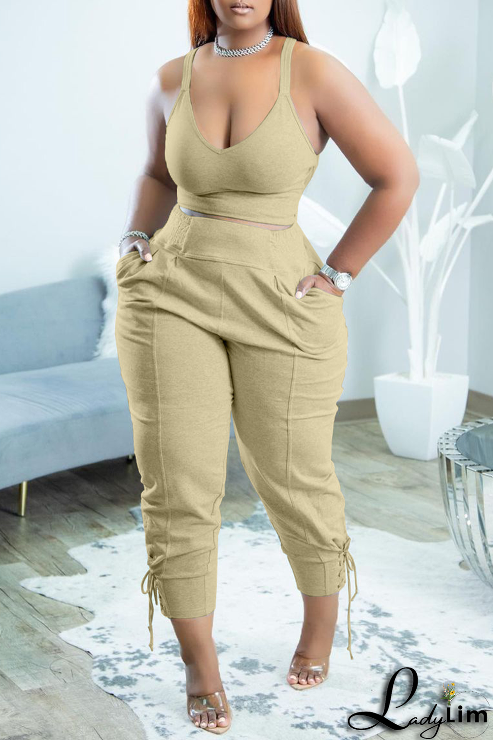 Grey Sexy Solid Patchwork V Neck Plus Size Two Pieces