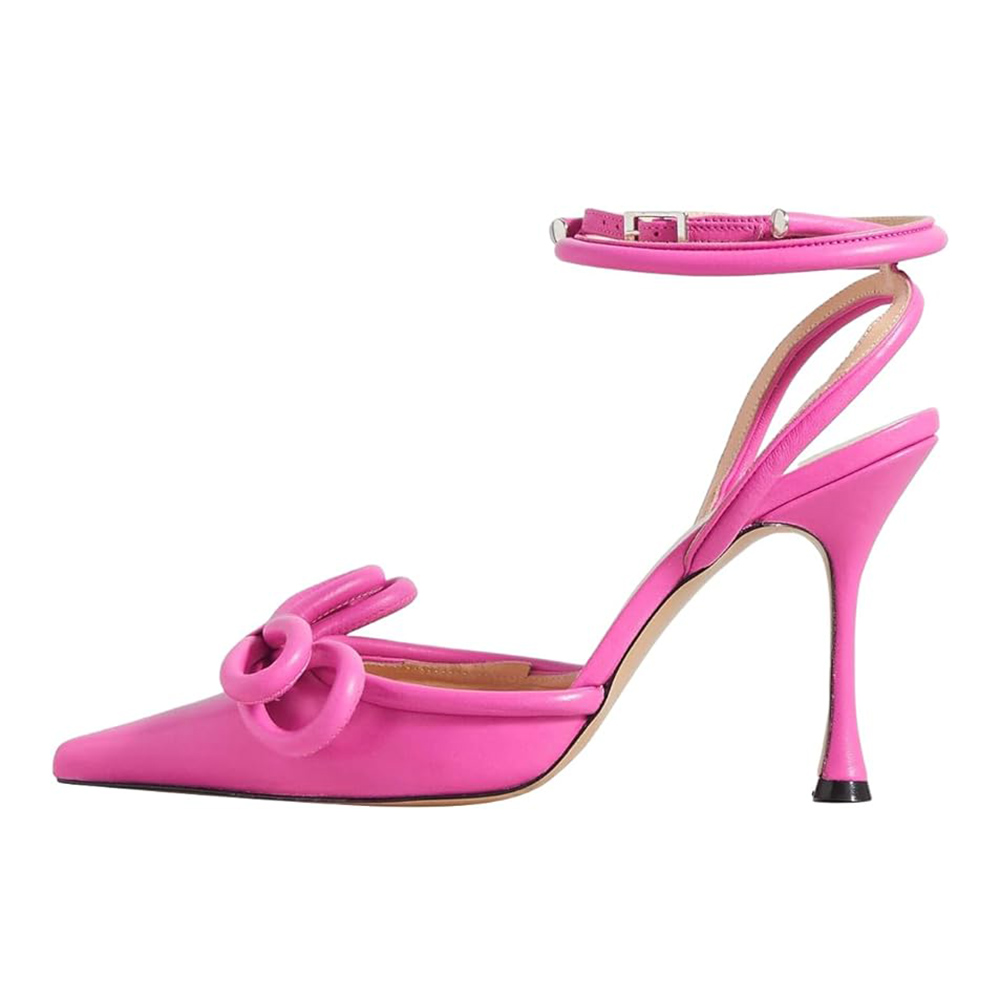 Vegan Leather Pointed Lace-Up Bow Inlay Stiletto Heel Pumps in Pink  