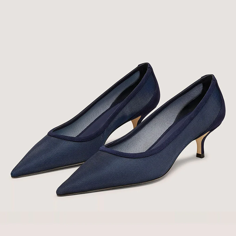 Fabric Pointed Toe Kitten Heeled Navy Blue Pumps for Elegant Ladies Nicepairs