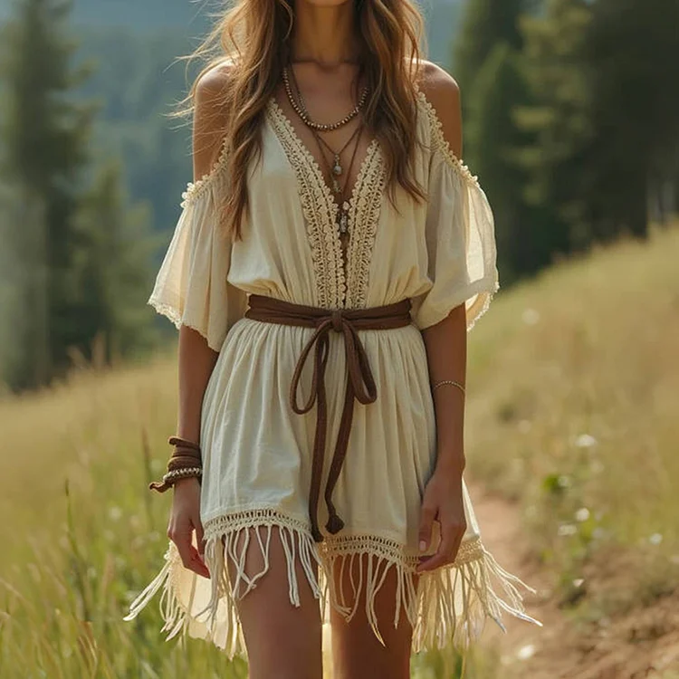Ursime Boho Cold Shoulder V Neck Fringed Mini Dress