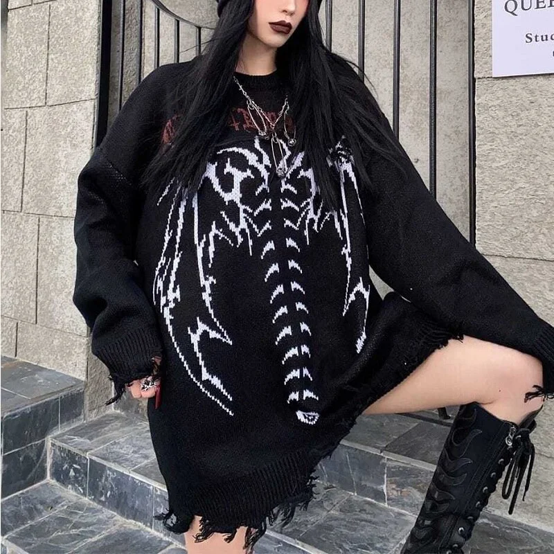 Cartoonh Gothic Style Punk Knitted Sweater Women Oversize Hip-hop Streetwear Mall Goth Skull Grey Fashion Pullover Jumper Tops
