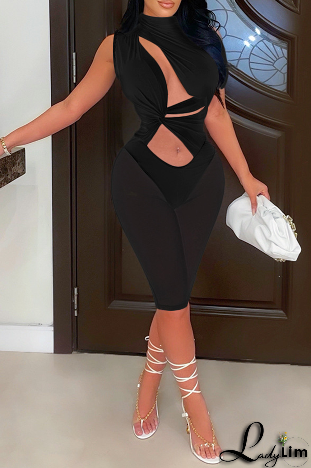 Black Fashion Solid Mesh Half A Turtleneck Skinny Jumpsuits