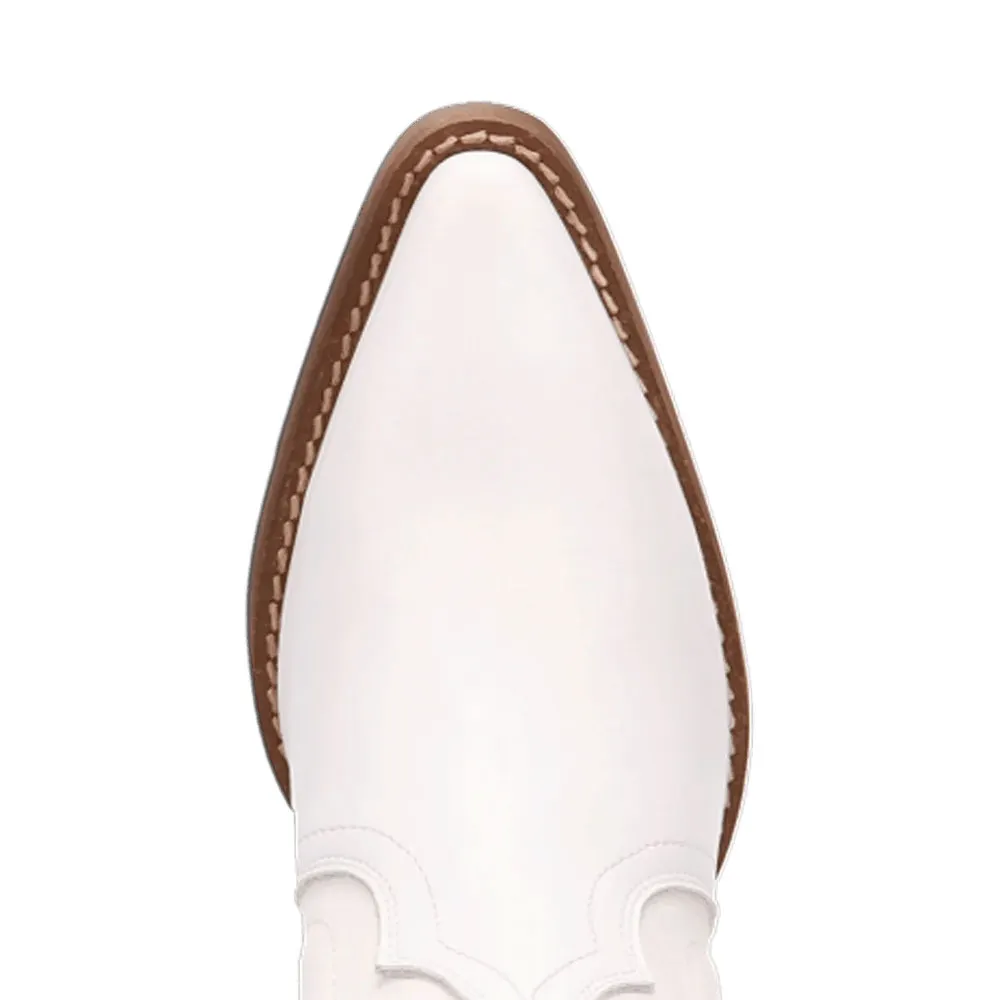 White Pointed Toe Chunky Heel Pull On Stitching Mid Calf Cowgirl Boots