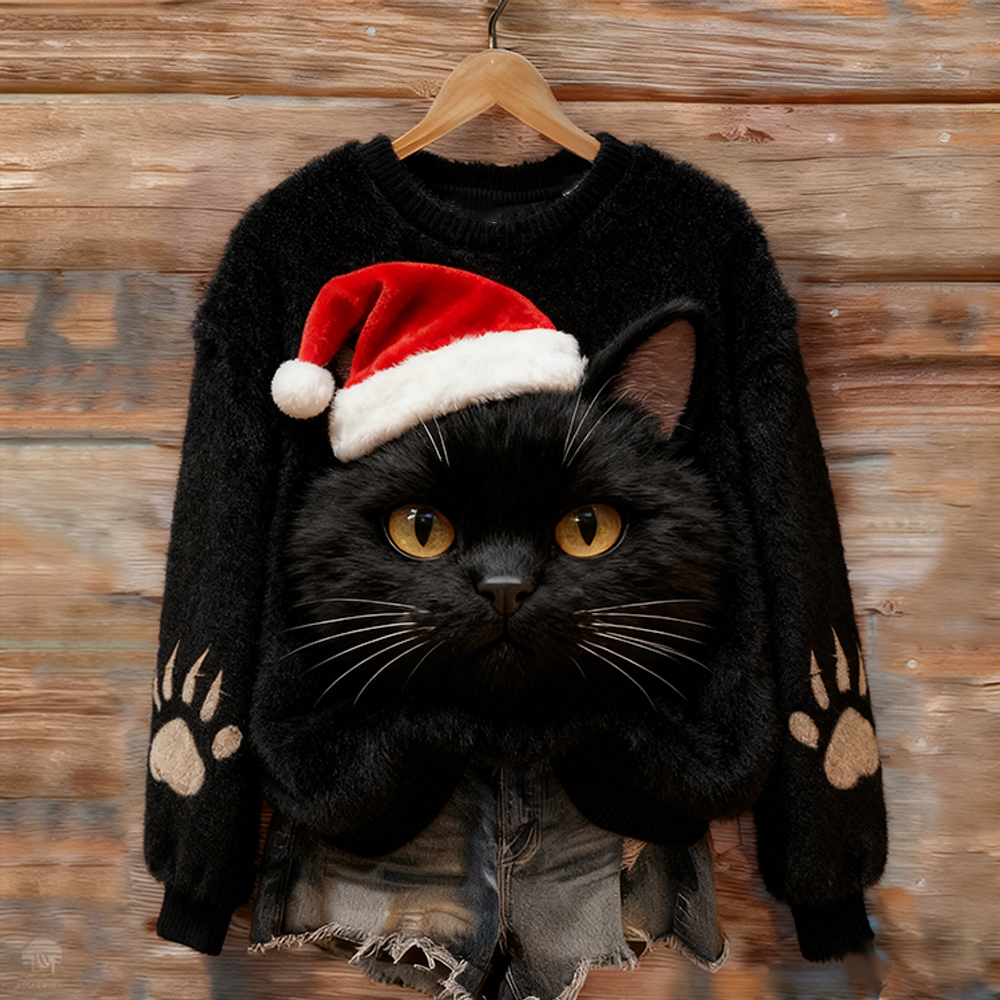 Christmas Santa Hat Black Cat Round Neck Flannel Sweatshirt elevenforest