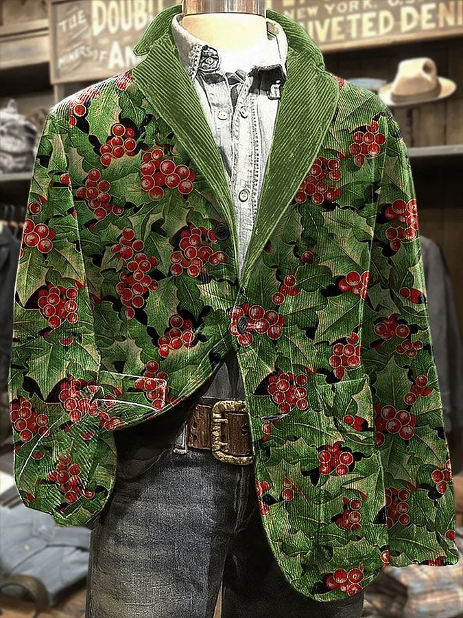 Men's Retro Christmas Holly Print Casual Blazer 