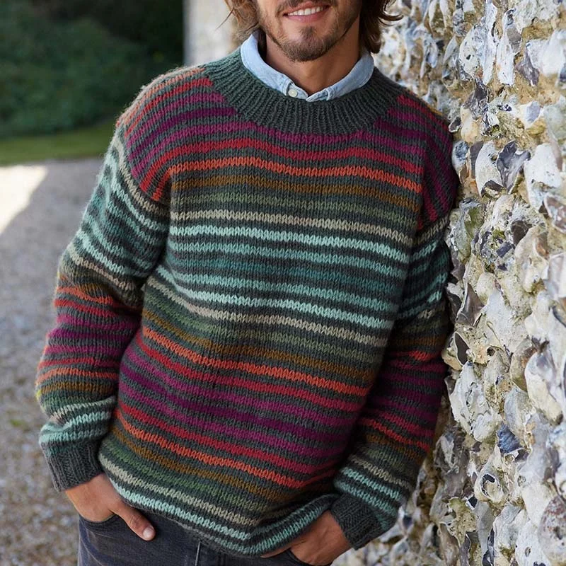 Vintage Rainbow Stripe Knit Jacquard Crew Neck Sweater（Unisex）