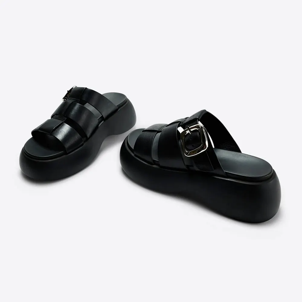 Black Open Round Toe Chunky Heel Buckle Strappy Platform Mules
