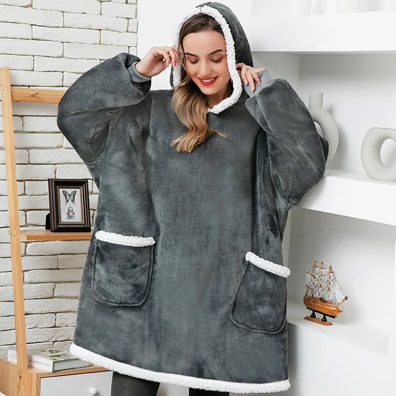 Oversized Hoodie Blanket With Sleeves Plaid Sweatshirt Winter Fleece Pullover Female Sherpa Giant Moleton Hoody Sweat Femme 2021