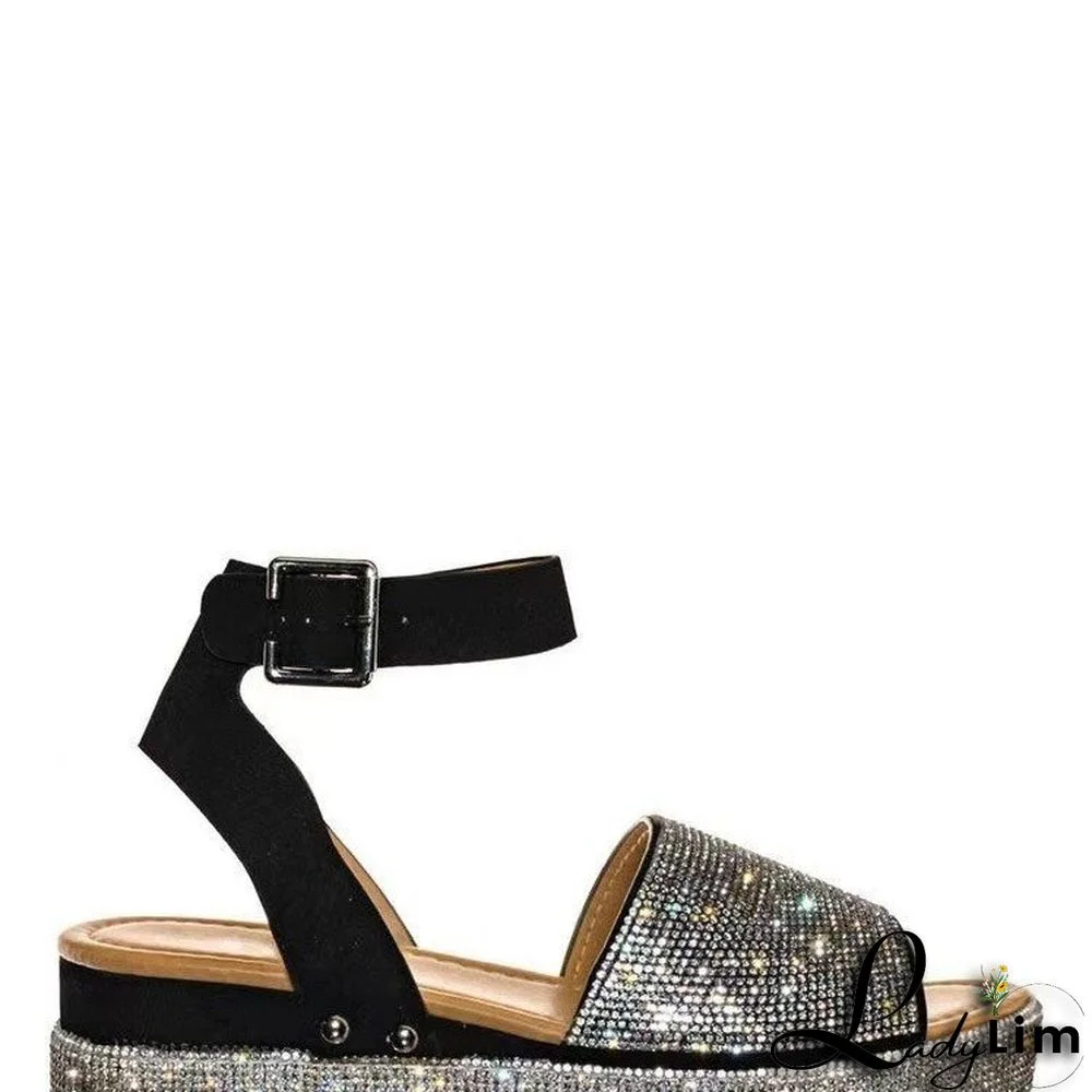 Women Summer Rhinestone Colored Diamond Buckle Platform Heels